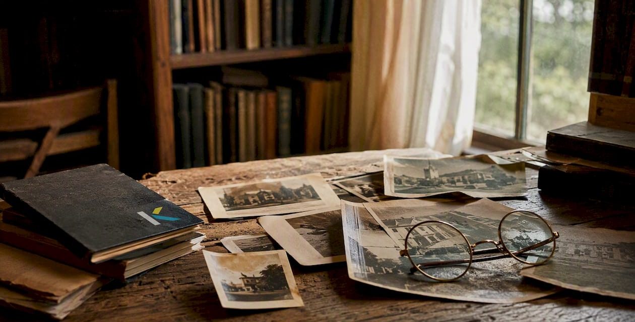 Vintage photos scattered on wooden desk