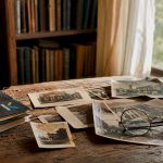 Vintage photos scattered on wooden desk
