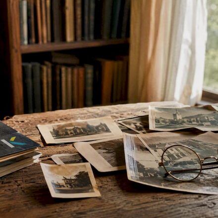 Vintage photos scattered on wooden desk