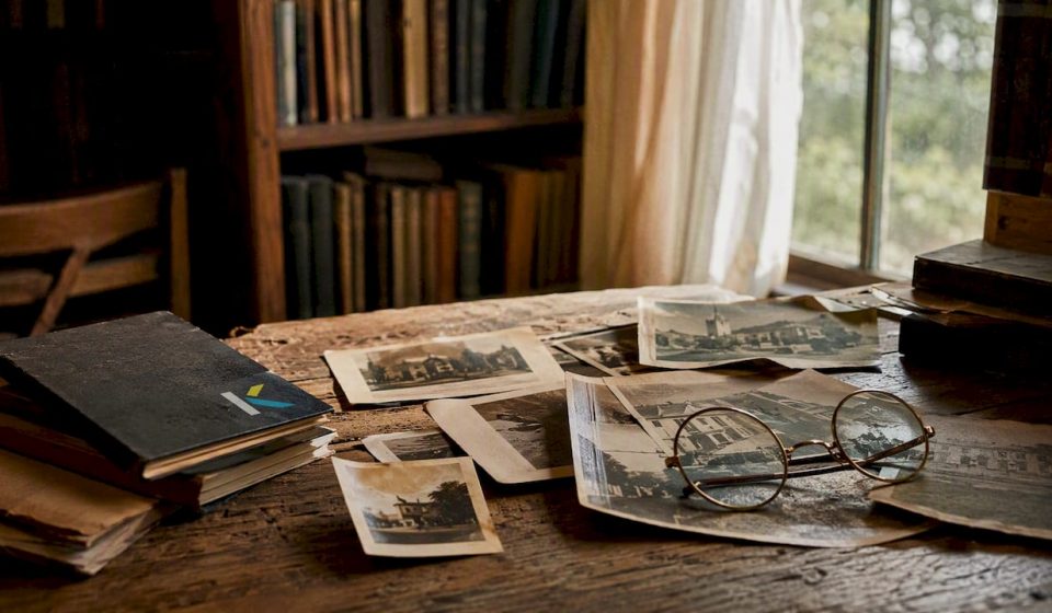 Vintage photos scattered on wooden desk