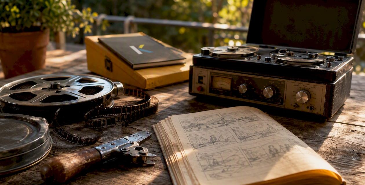 Vintage video reel editing tools on wooden desk