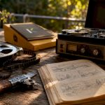 Vintage video reel editing tools on wooden desk