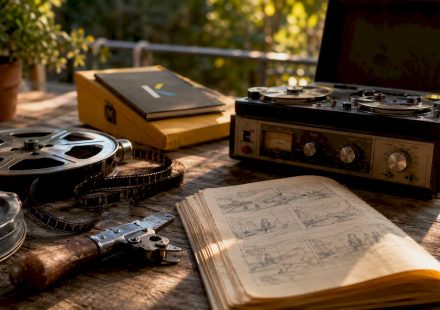 Vintage video reel editing tools on wooden desk