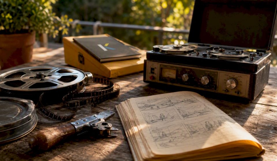 Vintage video reel editing tools on wooden desk