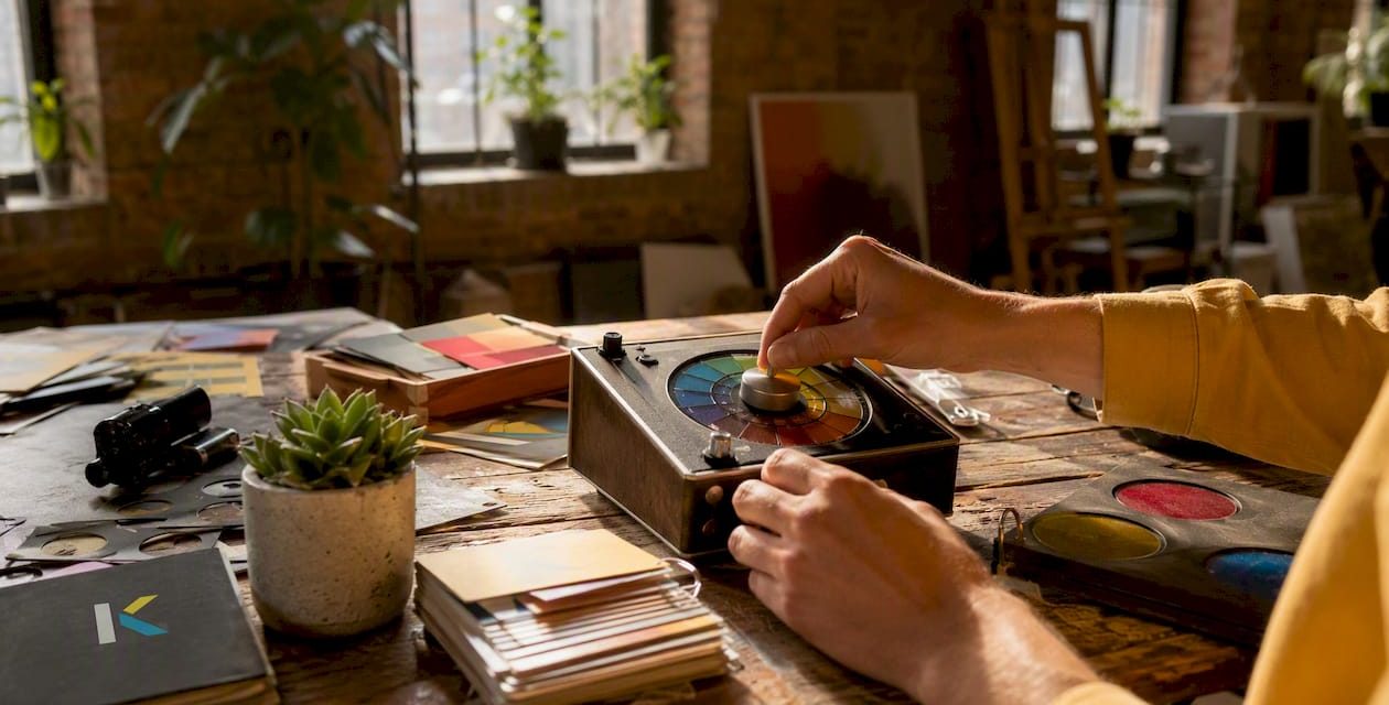 Hands adjusting vintage color grading tools in studio