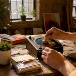 Hands adjusting vintage color grading tools in studio