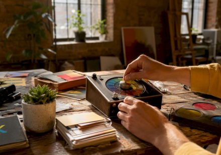 Hands adjusting vintage color grading tools in studio