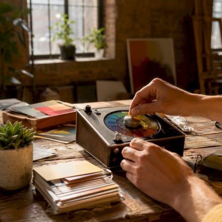 Hands adjusting vintage color grading tools in studio