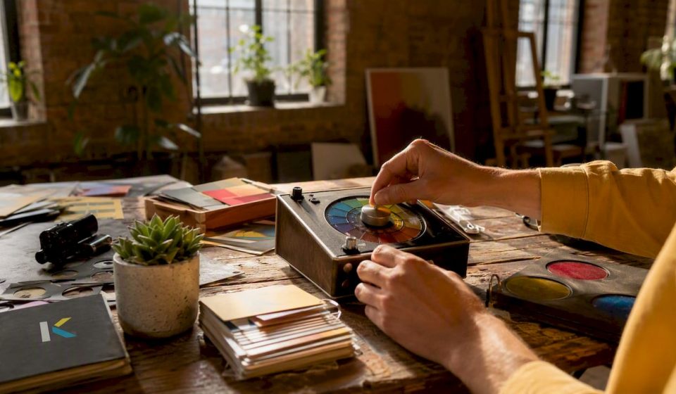 Hands adjusting vintage color grading tools in studio