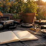 Vintage film reel and camcorder lens cap on wooden desk
