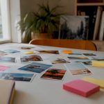 Vintage photo album with faded pictures on wood