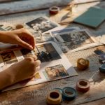 Hands splicing vintage film reel on wood table