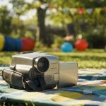 Vintage camcorder on wooden chair in backyard