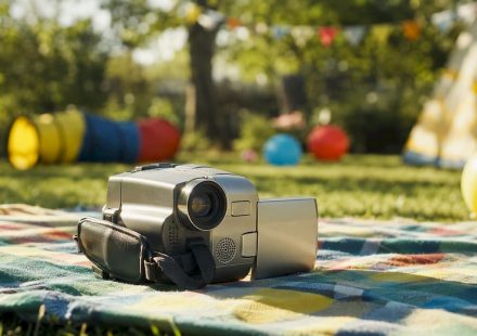 Vintage camcorder on wooden chair in backyard