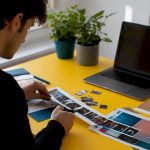 Hands manually cropping film strip on wooden table