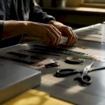 Hands splicing film strip on wooden table