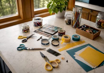 Vintage film editing tools on wooden table