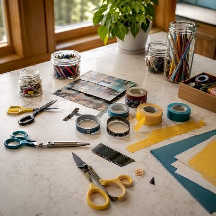 Vintage film editing tools on wooden table