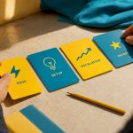 Hands arranging colorful cards into an editing sequence