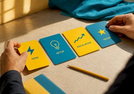 Hands arranging colorful cards into an editing sequence
