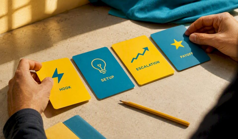 Hands arranging colorful cards into an editing sequence