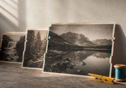 Aged photographs with colorful glitch distortions