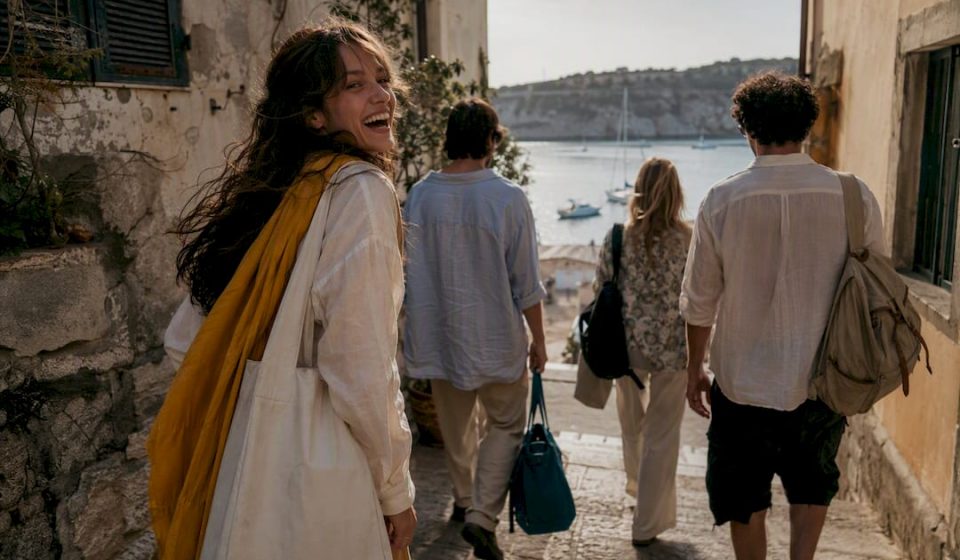 Friends exploring a sunlit coastal town