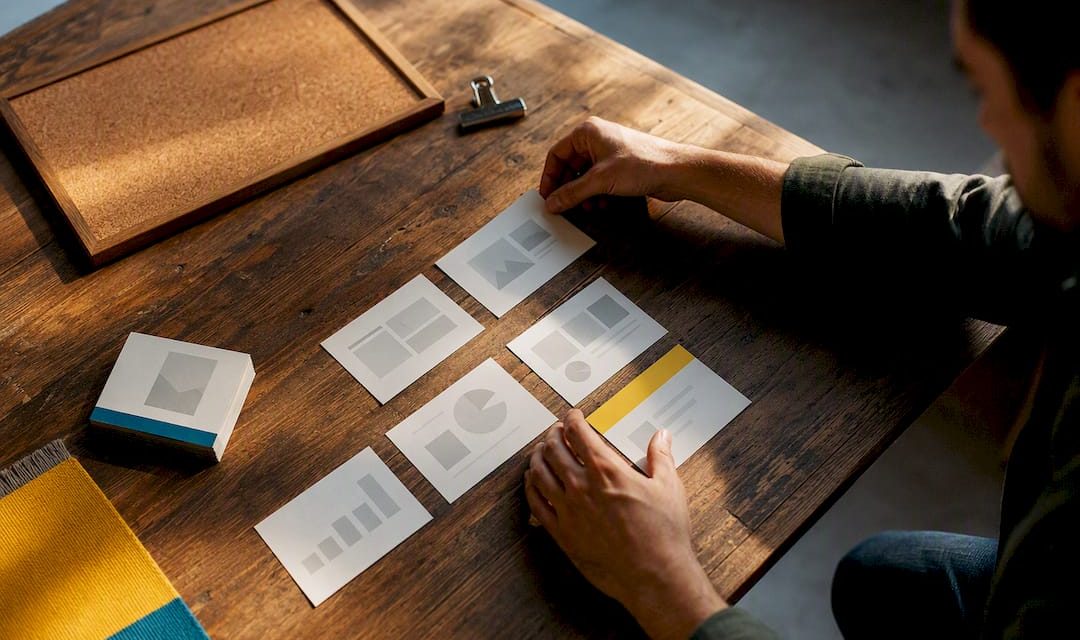 Hands arranging a presentation storyboard template