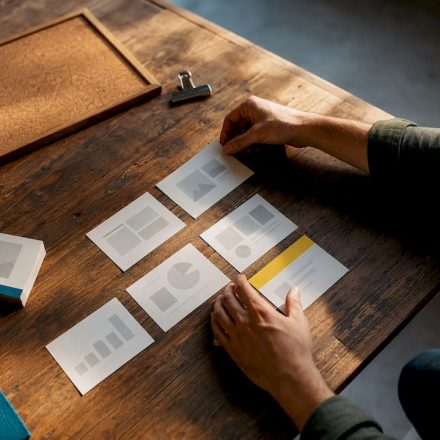Hands arranging a presentation storyboard template