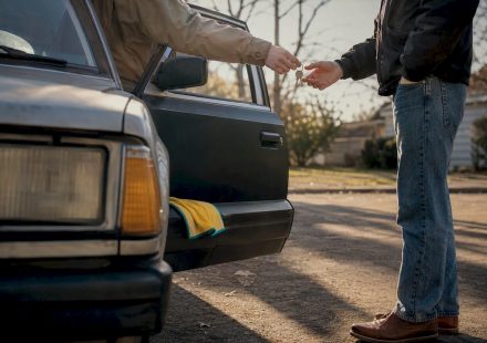 Buyer and seller exchanging car keys