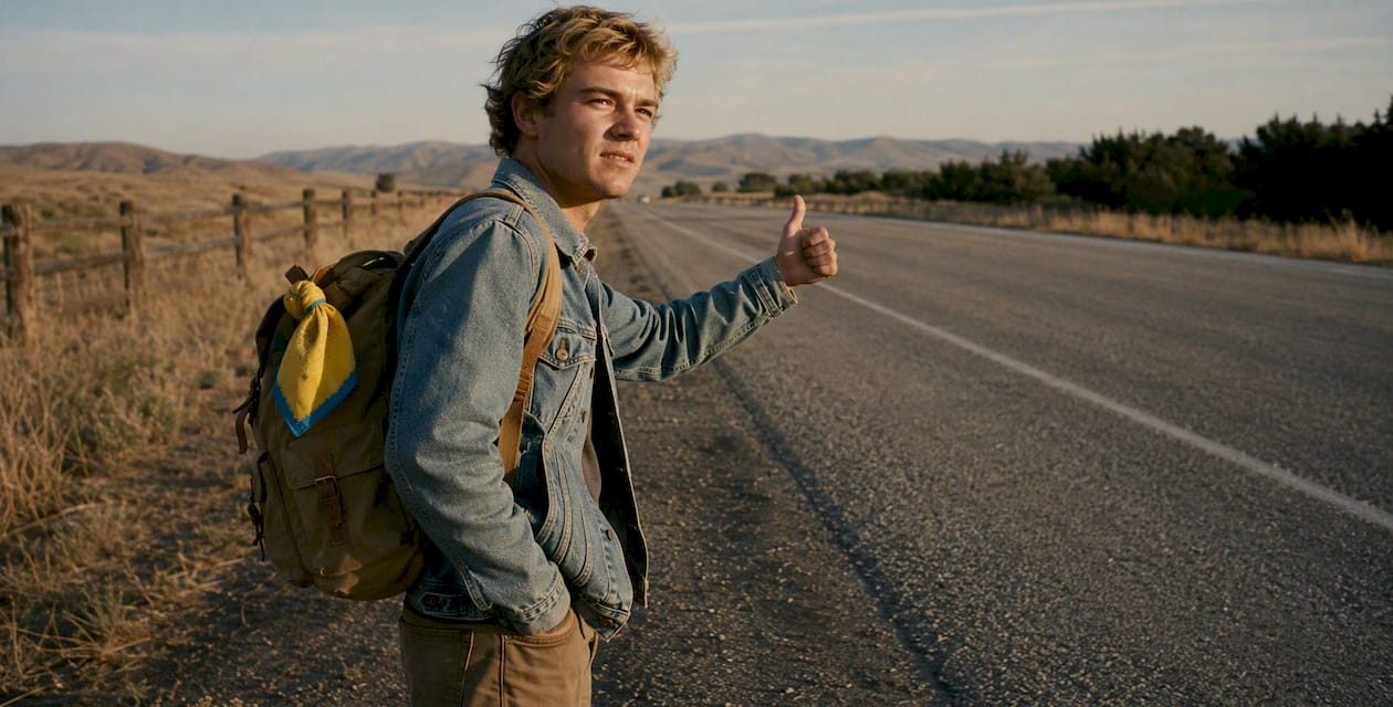 Hitchhiker standing safely beside roadside shoulder