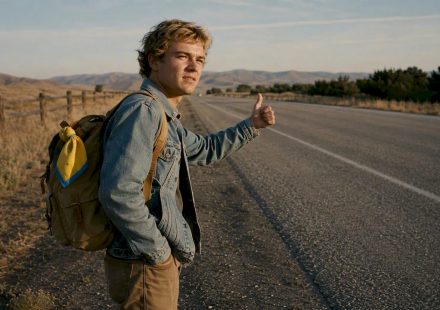 Hitchhiker standing safely beside roadside shoulder