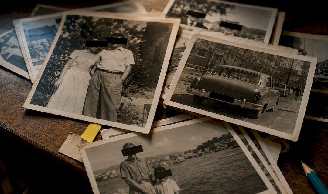 Censored archival photo prints on wooden table
