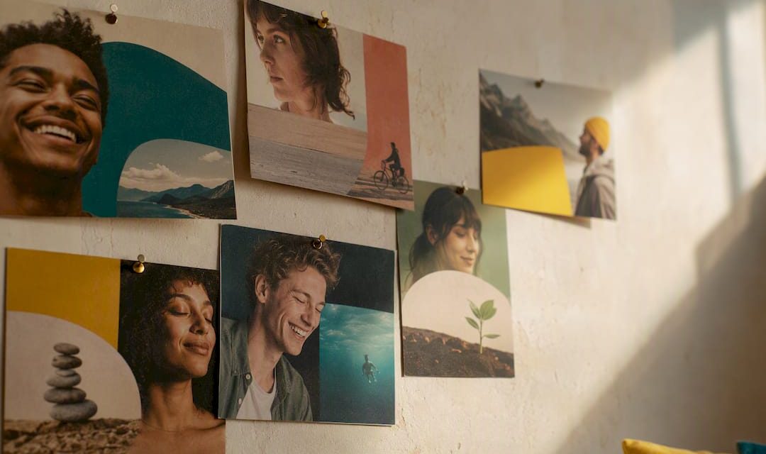 Printed course thumbnail cards with expressive faces