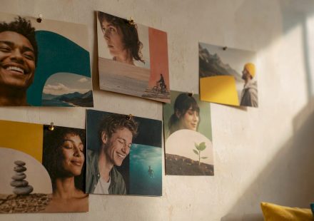 Printed course thumbnail cards with expressive faces
