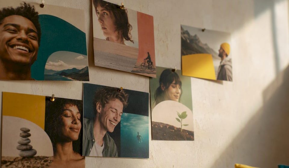 Printed course thumbnail cards with expressive faces