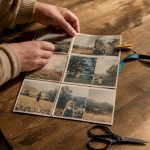 Hands arranging vintage photos into collage