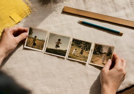 Hands arranging vintage picture sequence