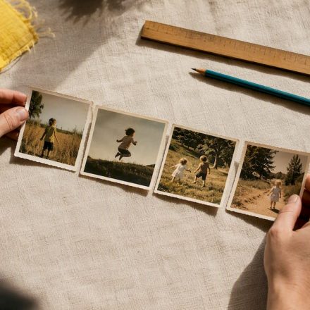 Hands arranging vintage picture sequence
