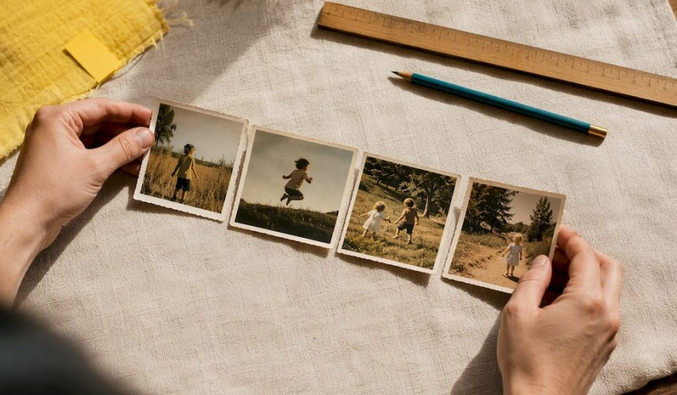Hands arranging vintage picture sequence