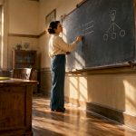 Teacher presenting focused lesson in vintage classroom