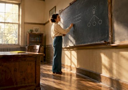 Teacher presenting focused lesson in vintage classroom