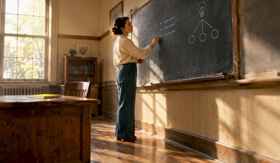 Teacher presenting focused lesson in vintage classroom