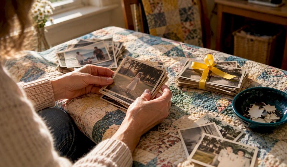 Hands sorting old family snapshots