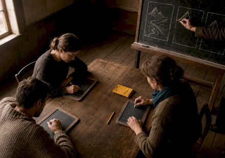 Students preparing lesson notes in an old classroom