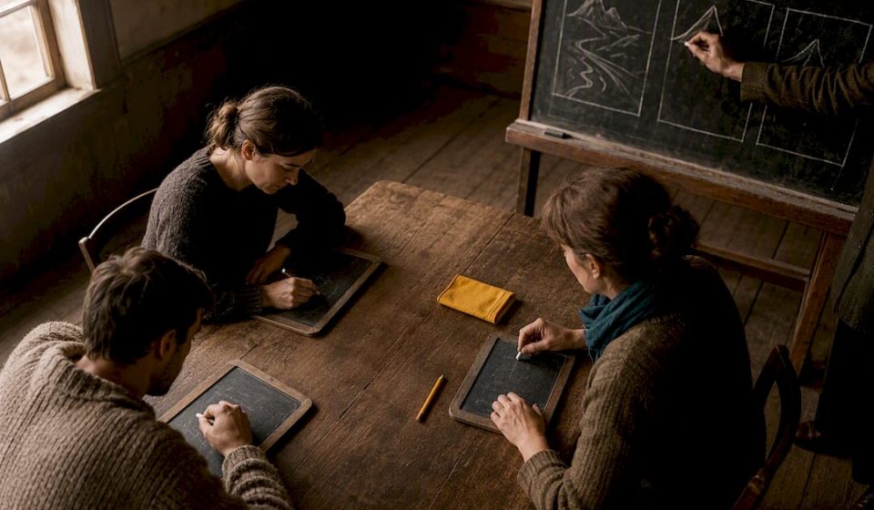 Students preparing lesson notes in an old classroom