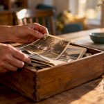 Faded family photographs in a memory box