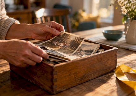 Faded family photographs in a memory box