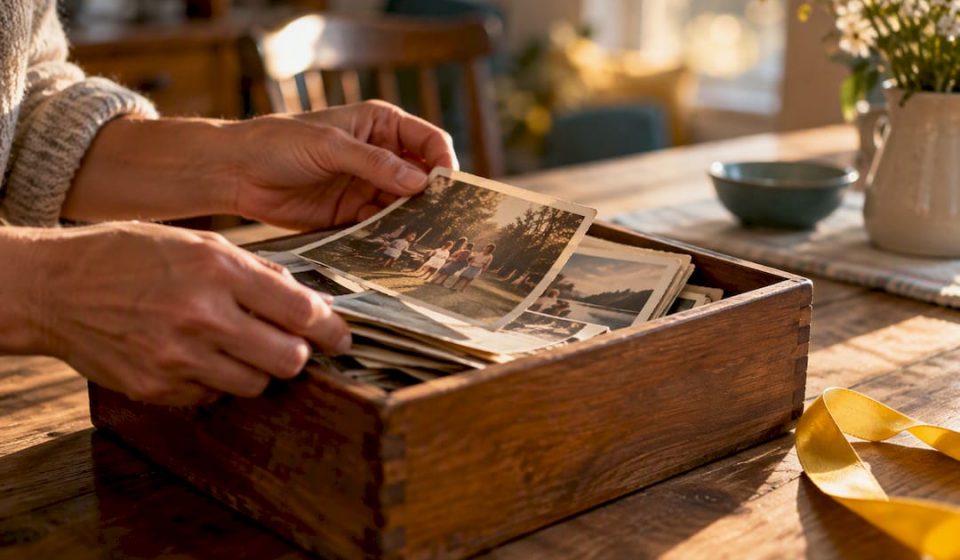 Faded family photographs in a memory box
