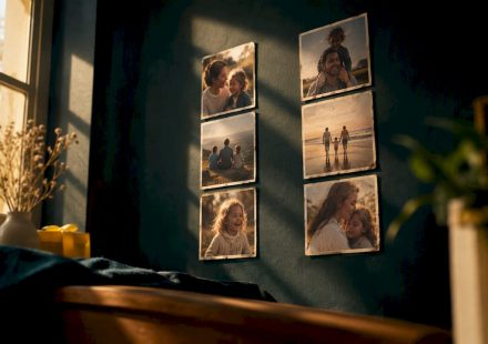 Vintage photographs arranged in split-screen layout